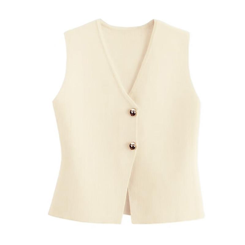 

Французский ретро однобортный жилет без рукавов с V-образным вырезом, однотонный трикотажный жилет для женщин абрикосовый
