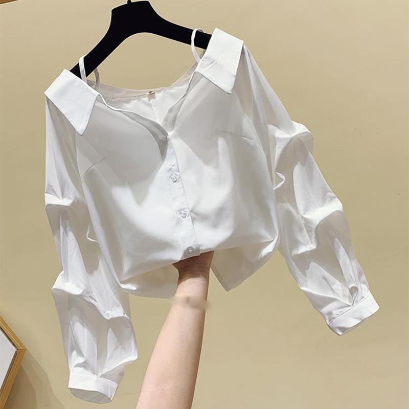 

Топ с одной линией плеча, женская весенне-летняя и осенняя белая рубашка с дизайном на бретельках, рубашка с секретными ключицами S белый