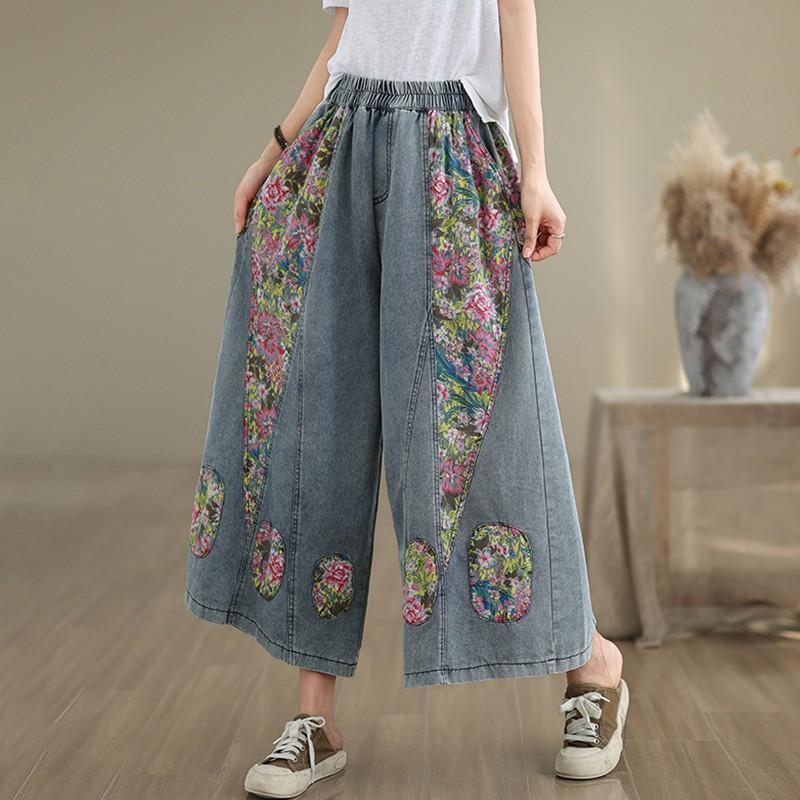 Femei talie înaltă pantaloni largi din denim pantaloni femei stil vintage patchwork floral imprimare blugi casual largi femei