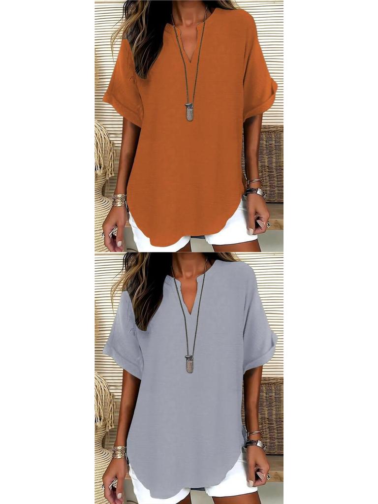 Women's Summer Loose Solid V-Neck Casual Shirt