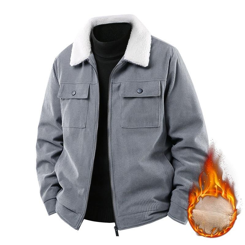 Corduroy Work Jacket for Winter Men's Plush Thickened Lamb Velvet Collar Jacket for Middle-aged and Elderly Cotton Clothing