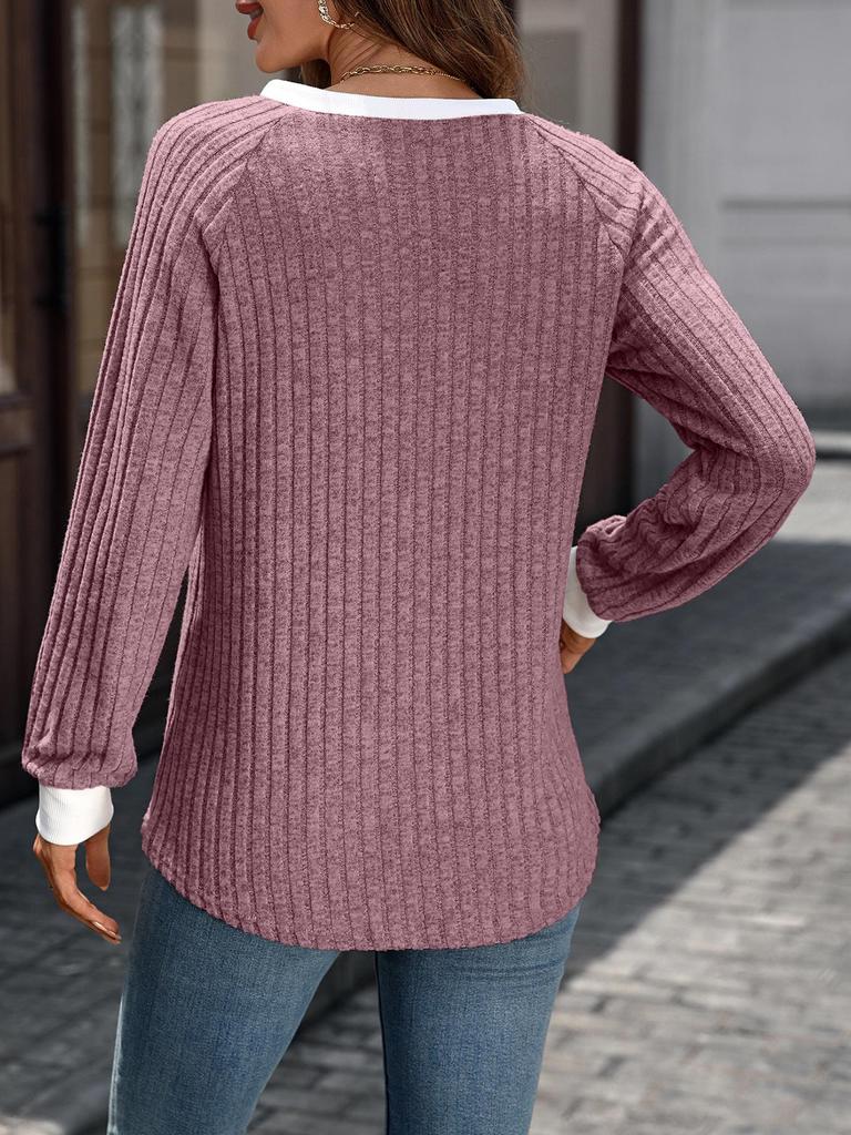 Women's Autumn/Winter V-Neck Color-Blocked Ribbed Sweater T-Shirt