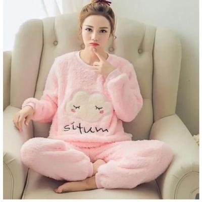 Warm Sleepwear for Winterplus Size Women Winter Thickened Coral Velvet Cartoon Korean Version Long Sleeve Long Pants Student
