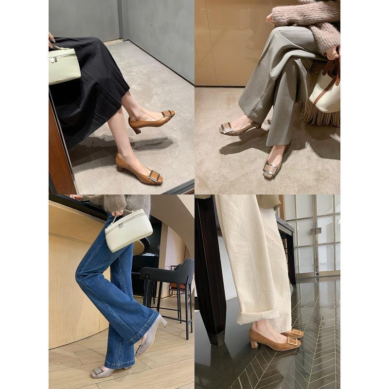 Sheepskin Version~ Height Increase 5.5cm Classic Small Square Head Bright Line Design Horn and Shallow Mouth Commuter Work Single Shoes Women