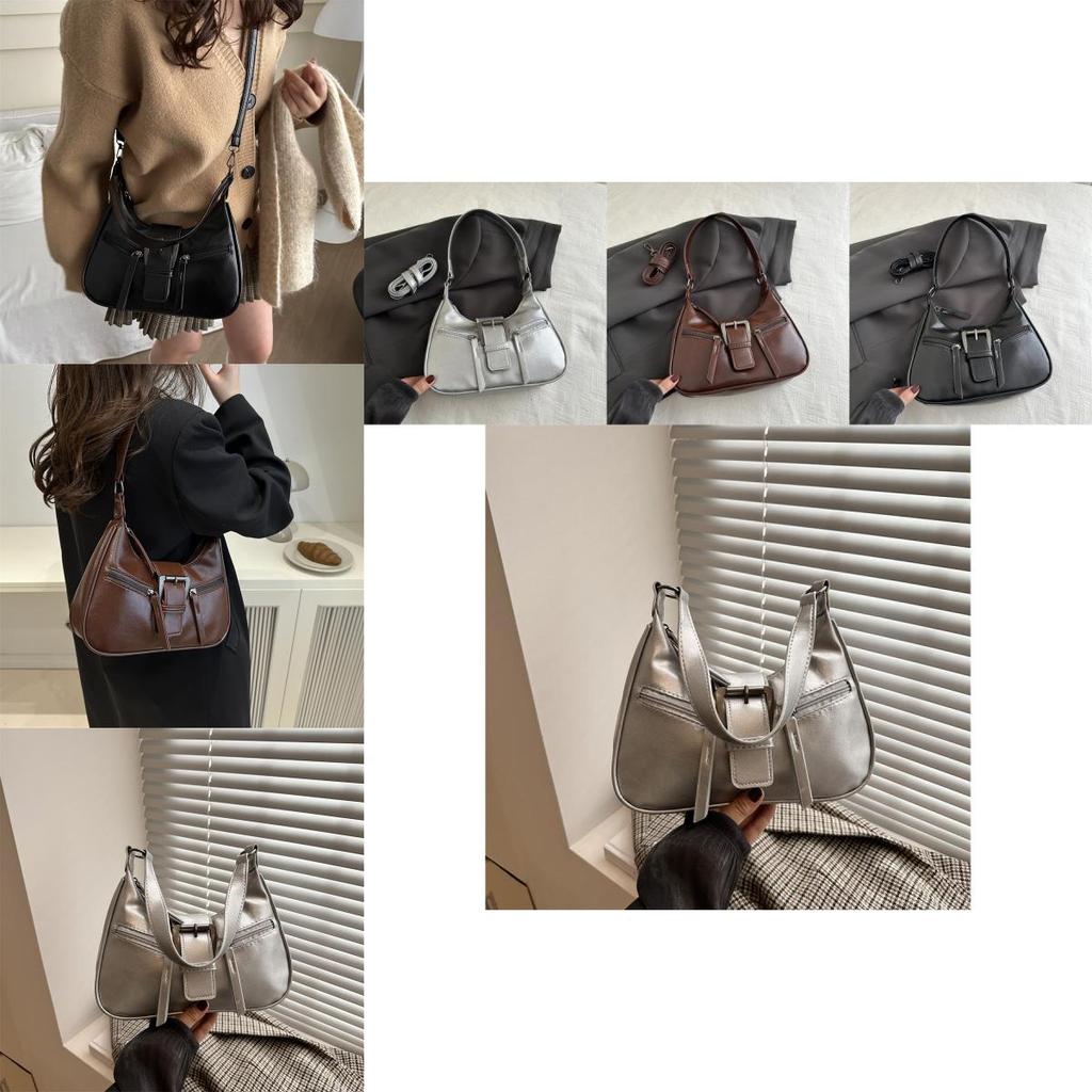 Chic Vintage Style Black Pu Leather Shoulder Bag For Women With Unique Crescent Shape