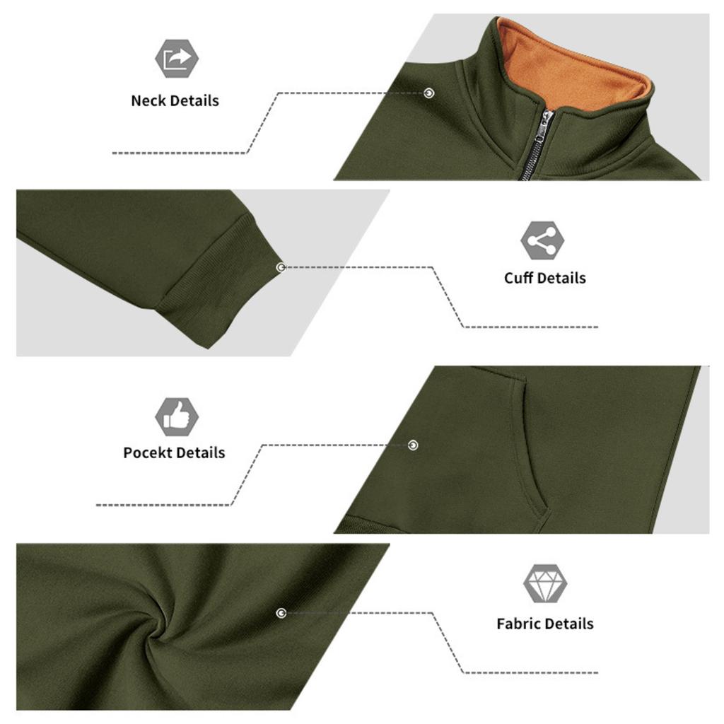 Men's Casual Oversized Solid-Color Outdoor Fleece-Lined Patchwork Zipper Stand-Up Collar Sweatshirt