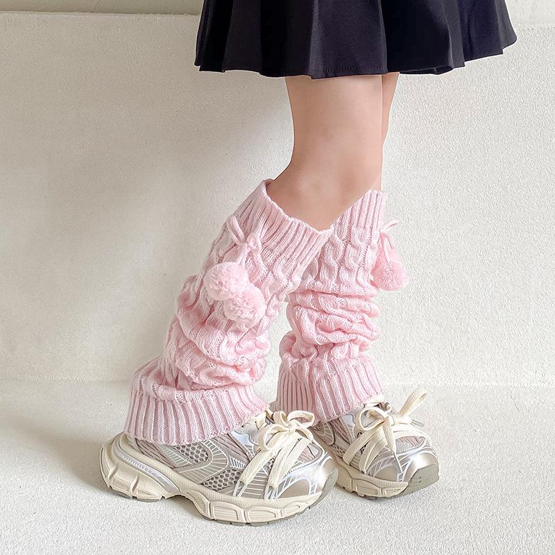

Korean Style Cable Knit Pom Pom Children s Leg Warmers - Autumn/Winter Fashion Slouch Socks for Baby Girls One Size/42cm розовый