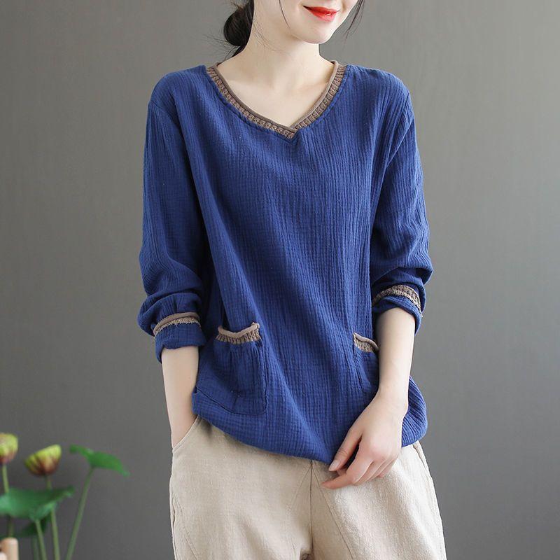 Frühling Herbst Übergröße Künstlerisch Vintage Floral V-Ausschnitt Langarm Leinen Locker Vielseitiger Pullover Top