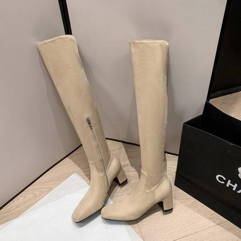 New women's leather boots zipper solid color leather large size women's boots versatile square head beef tendon sole sheepskin high heel knee boots