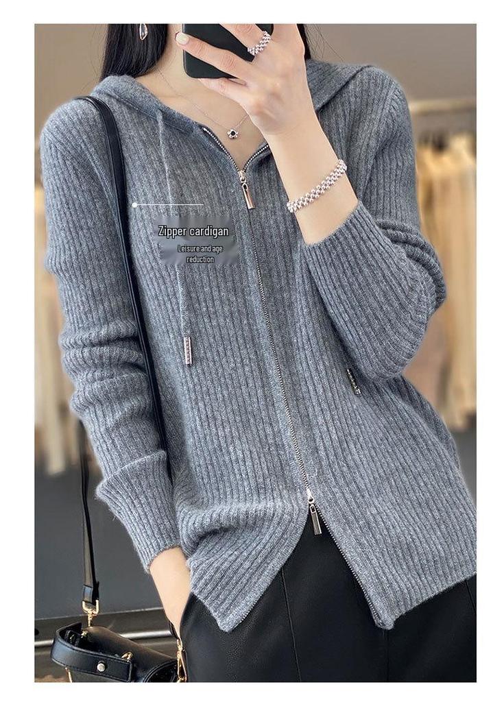 Women's Loose Fit Hooded Cashmere Cardigan Sweater - 100% Wool, Zipper Outerwear for Spring