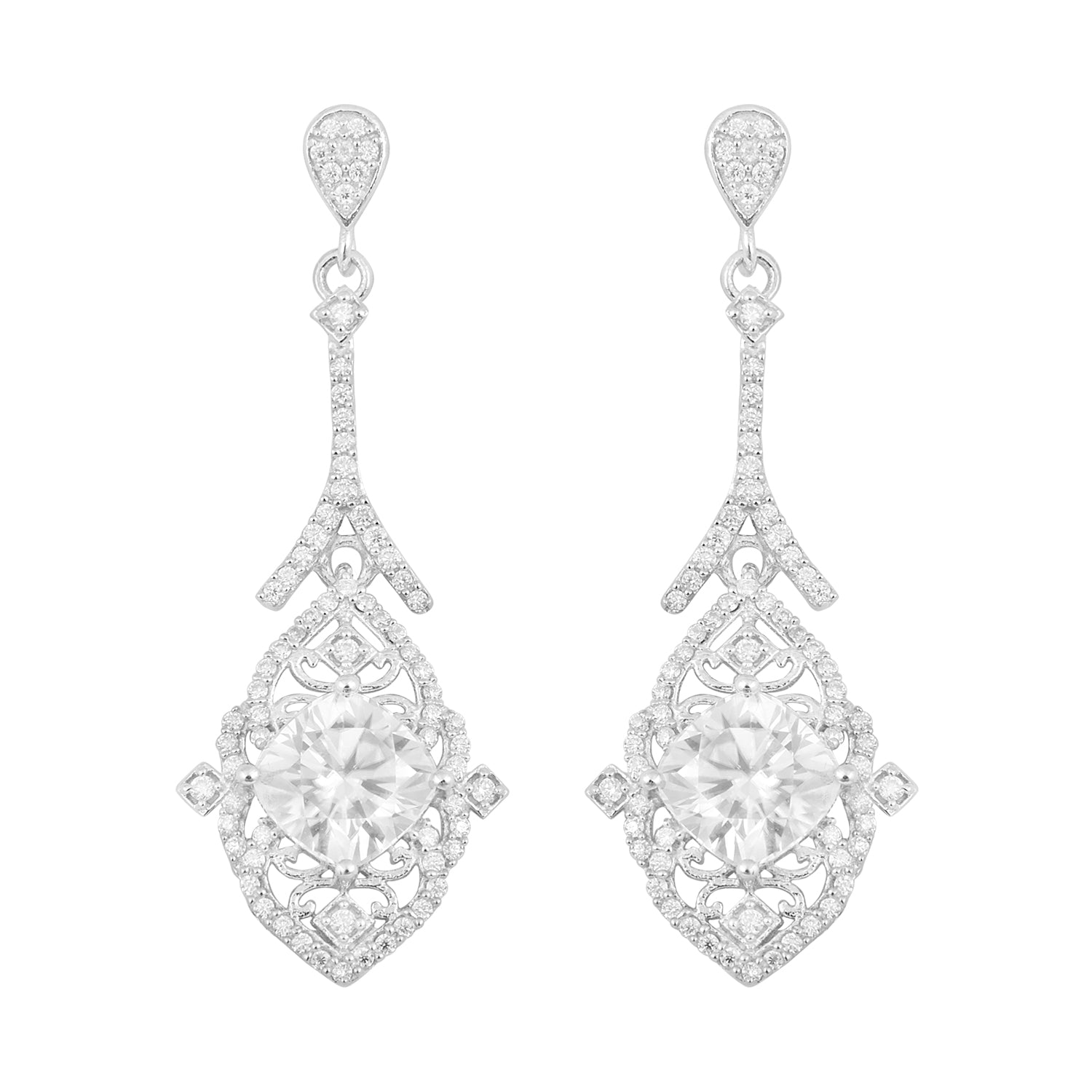 

Moissanite Intricate Halo Drops Earrings - Sterling Silver білий