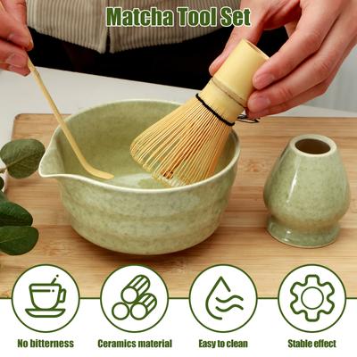 Sada 4 kusů metličky na matcha Elegantní sada na přípravu matcha čaje s keramickou miskou Držák na metličku na matcha Bambusová naběračka pro milovníky čaje Match