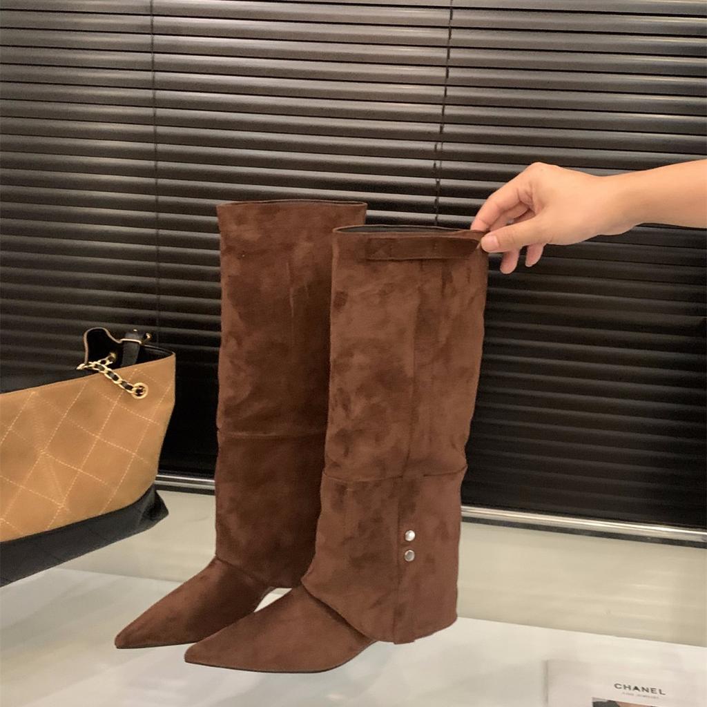 Keilabsatz Vintage Braun Maillard Hose Stiefel Damenstiefel 2025 Herbst/Winter Hoher Absatz Spitz Zulaufend Skinny Stiefel