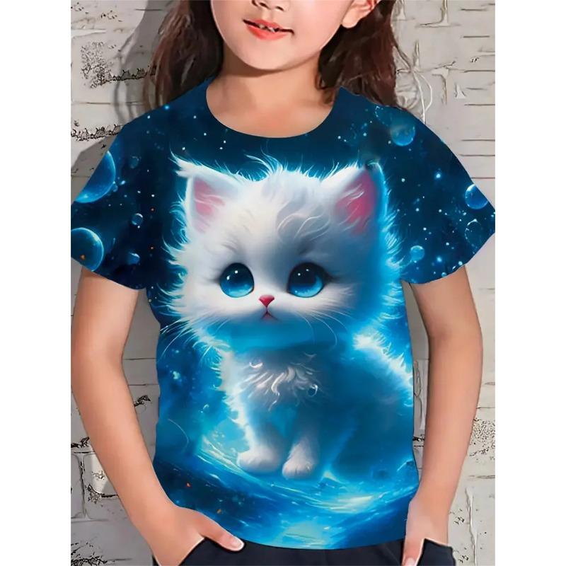 Fun Girl T-shirt Summer Short Sleeved Top Cartoon Animal Cat 3D Printing 2025 Girl Clothing