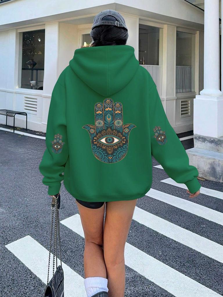 Hamsa hand with eye motif women's hoodies