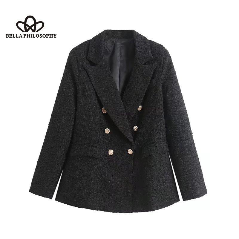 Avrupa Amerikan Tarzı Yeni Kadın Dört Renkli Doku Kruvaze Üst Düzey Tasarım Basit Orta Uzunlukta Blazer Ceket