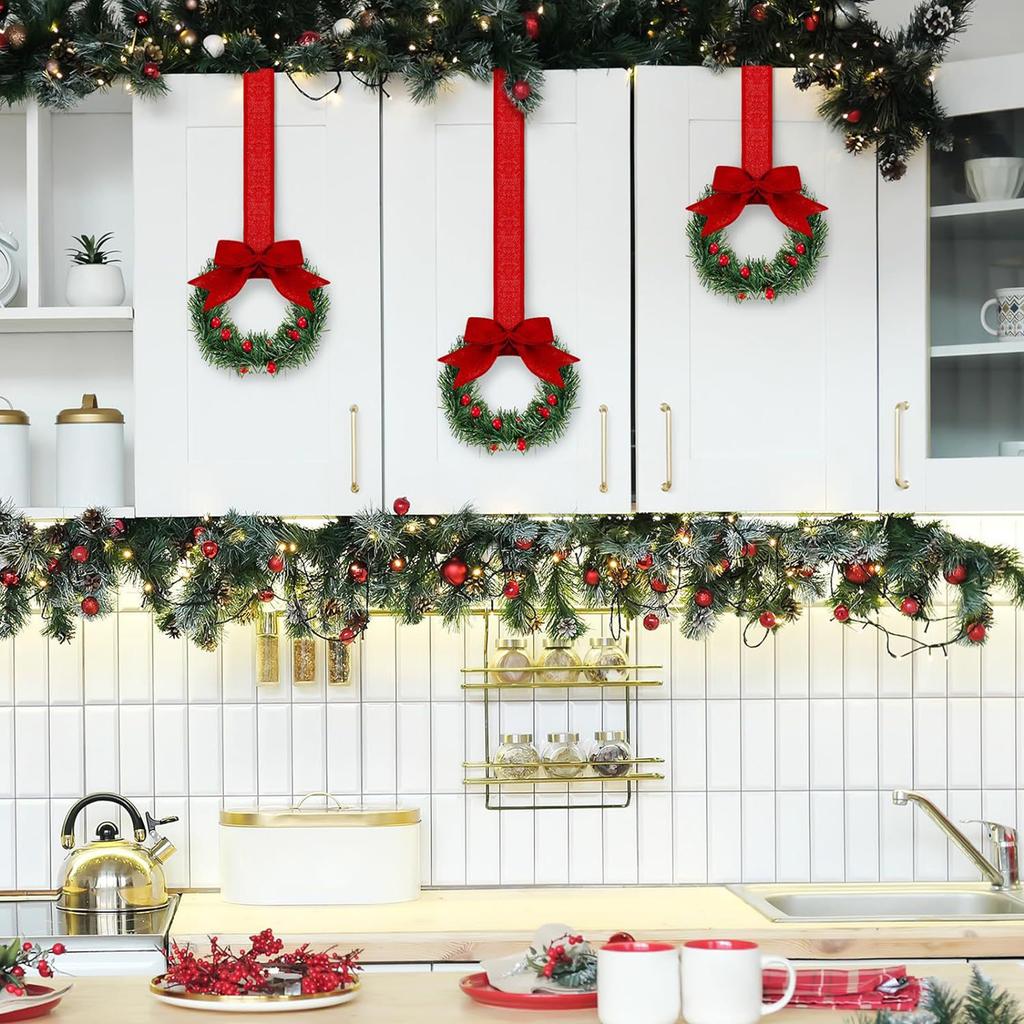 12Pcs Artificial Wreath 13cm Small Christmas Wreaths Ribbon Bows Wreath for Front Door Kitchen Cabinets Wall Window