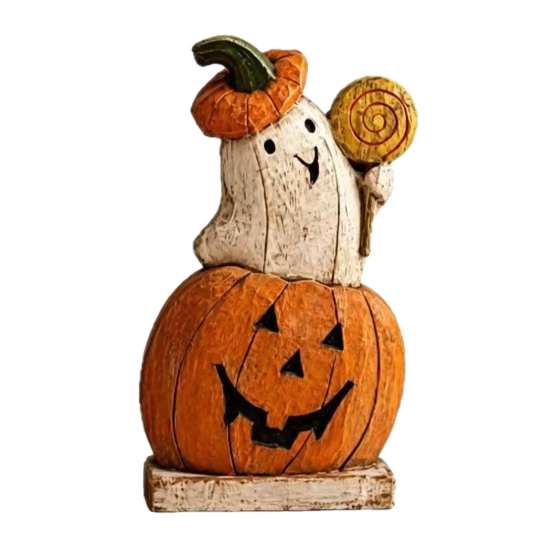 Vintage Halloween Party Favors Pumpkin Ghost Wooden Figurine, Tabletop Decor, Jack O Lantern Solid Wood Festive Centerpieces Statue with Stable Base,