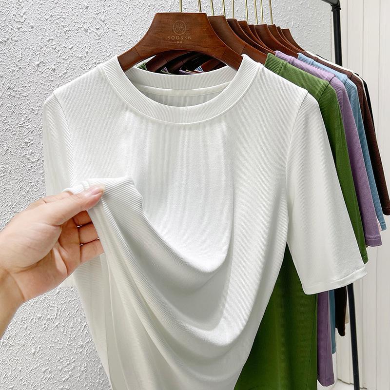 

Medium-sleeved t-shirt women s five-quarter-sleeved early autumn new bottoming shirt slim-fitting half-sleeved crew neck top M белый