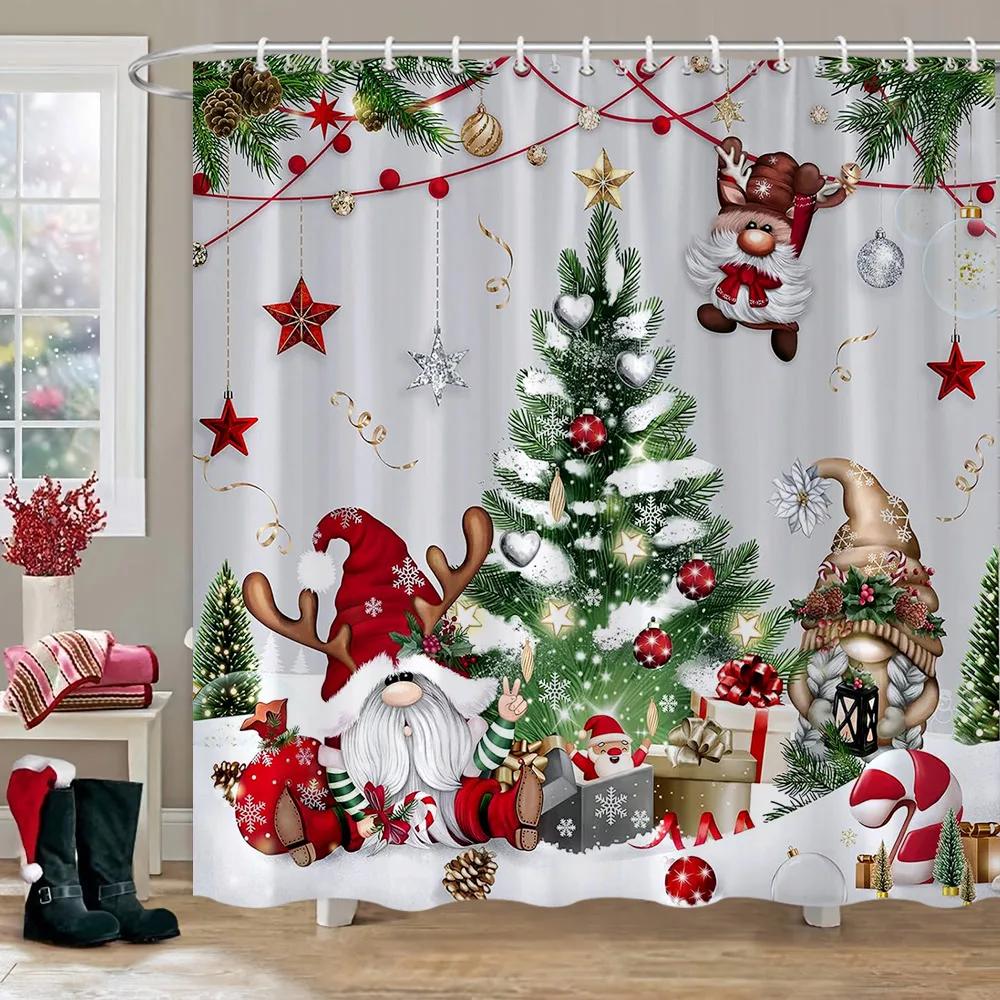 Christmas Snowman Shower Curtain Merry Santa Elf Deer Red Truck Polyester Fabric Printed Bath Curtains Bathroom Decor With Hoo