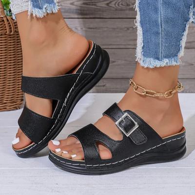 Fashion 2024 Hot Sale Shoes Female Open Toe Women's Slippers Summer Roman Buckle Solid Outdoor Casual Beach Wedge Large Size Slippers