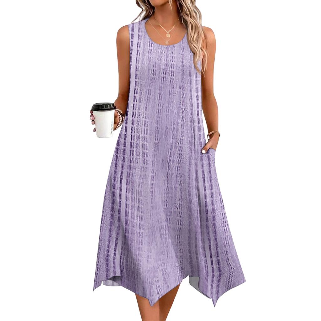 Damen Freizeitkleid für den Sommer, Tankkleid, lockeres Strandkleid mit Taschen, ausgestelltes Midi-Sommerkleid