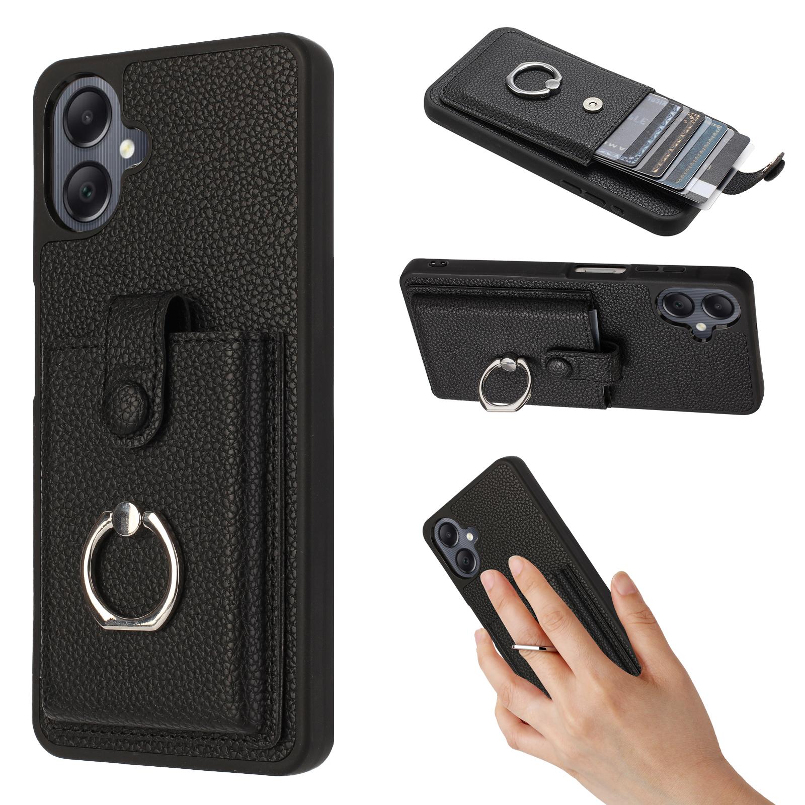 

For Samsung Galaxy A07 4G/A06 4G/5G Case with Ring Kickstand Drawing Type Card Slots Leather Back Cover Black