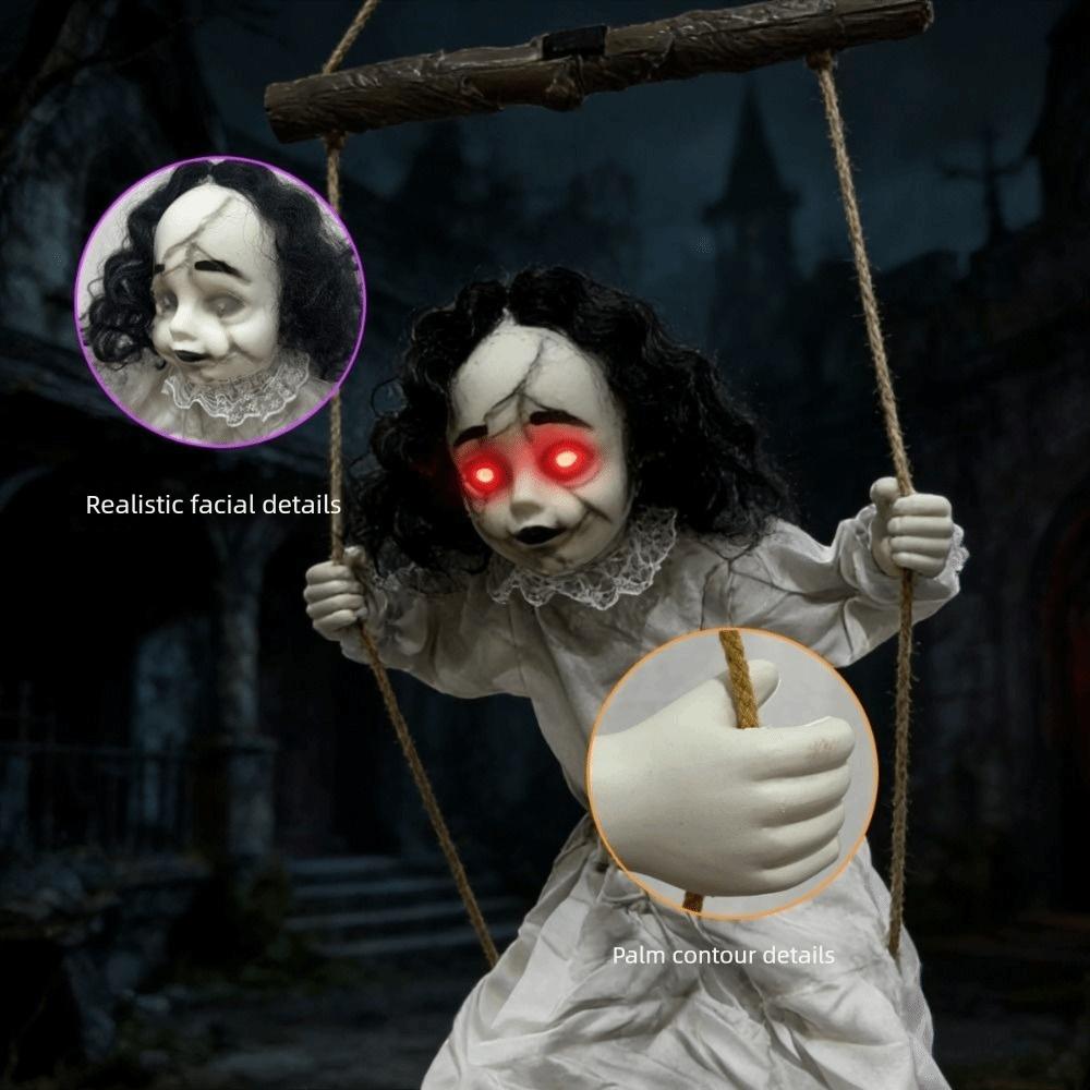 Glowing Eyes Walking Girl Doll White Clothes Swing Hanging Ghost Haunted House Prop  Entryway