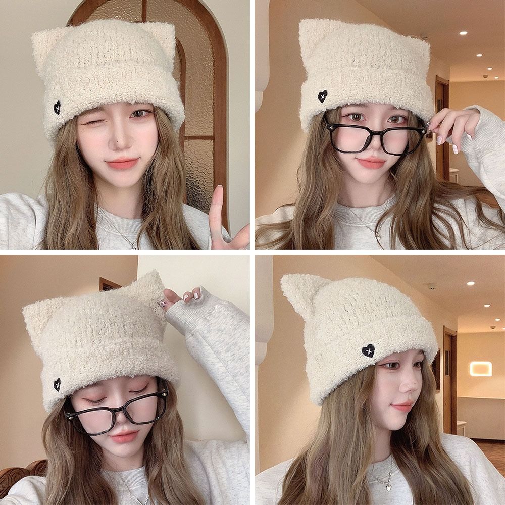 

Cute Cat Ear Beanie Hat Fluffy Pullover Hats Winter Earmuffs Cap for Women чорний