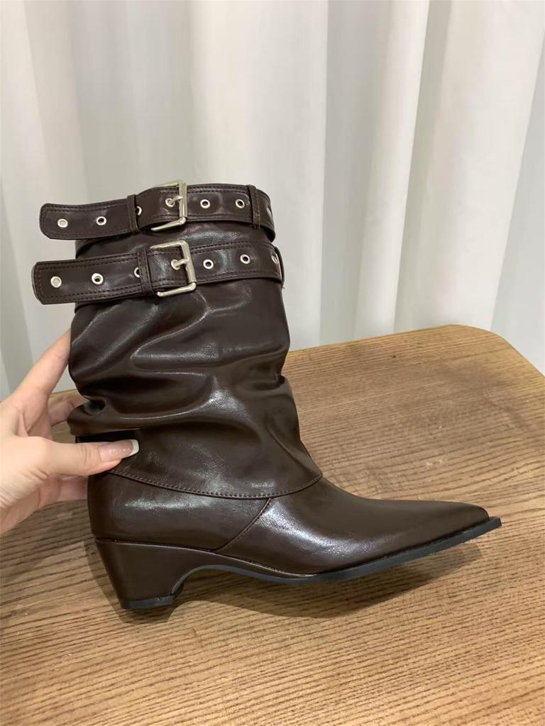 Blockabsatz Spitzhose Martin Stiefel Damenstiefel 2025 Frühling und Herbst Kaffee Merad Western Cowboy Skinny Stiefel