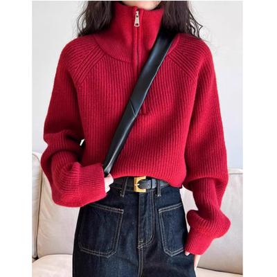 Mode Herbst Winter Rollkragen mit Reißverschluss Damen Strickpullover Langarm Locker Kurz Tops Neu Einfarbig Büro Casual Einfache Kleidung