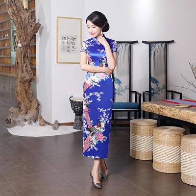 Women Dress Silk Satin Slimming Printed Short-sleeve Long Cheongsam Dress