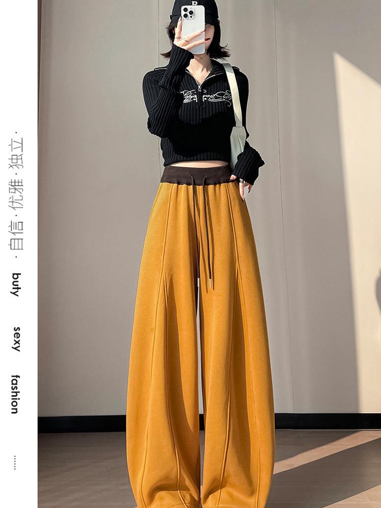 Autumn Winter New Style Fleece Thick High Waist Knife Leg Pants Women Wide Leg Casual Pants