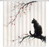 Asian Cat Shower Curtain Ink Red Cherry Blossom Oriental Cat Lover Black Cat Bird Bathroom Curtain Polyester Fabric Hook
