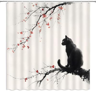 Asian Cat Shower Curtain Ink Red Cherry Blossom Oriental Cat Lover Black Cat Bird Bathroom Curtain Polyester Fabric Hook