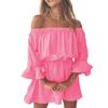 Women Solid Color Off Shoulder 3/4 Ruffle Sleeve Elastic Waist Mini Party Dress
