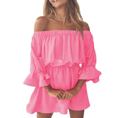 Women Solid Color Off Shoulder 3/4 Ruffle Sleeve Elastic Waist Mini Party Dress