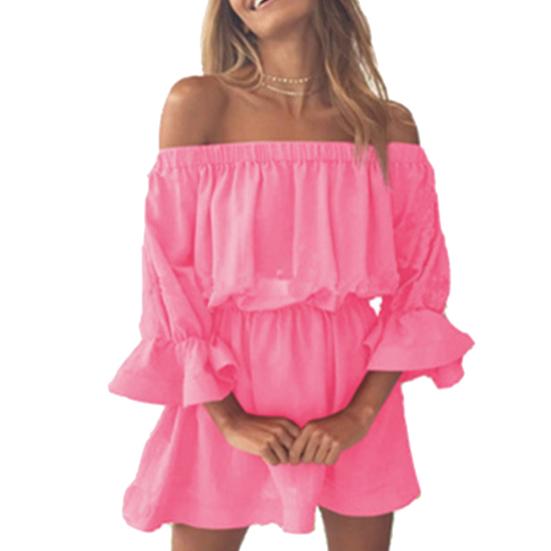 

Жіноча суцільна вечірня міні-сукня з відкритими плечима з рукавами 3/4 і еластичною талією XL рожевий