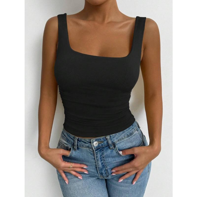 Summer new women's Solid Square Neck Sleeveless Fitted Tank Top