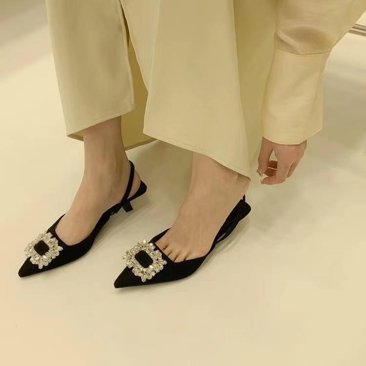 Baotou sandals women's new summer rhinestone square buckle fairy wind back empty French thin heel high heel pointed single shoes