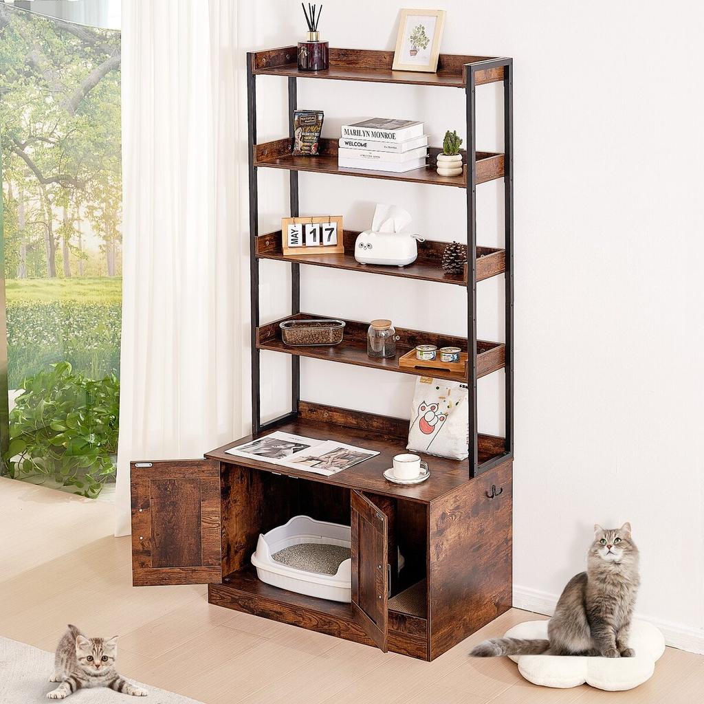 Cat Litter Box Enclosure Wooden Litter Box Furniture Hidden with 4 Shelves