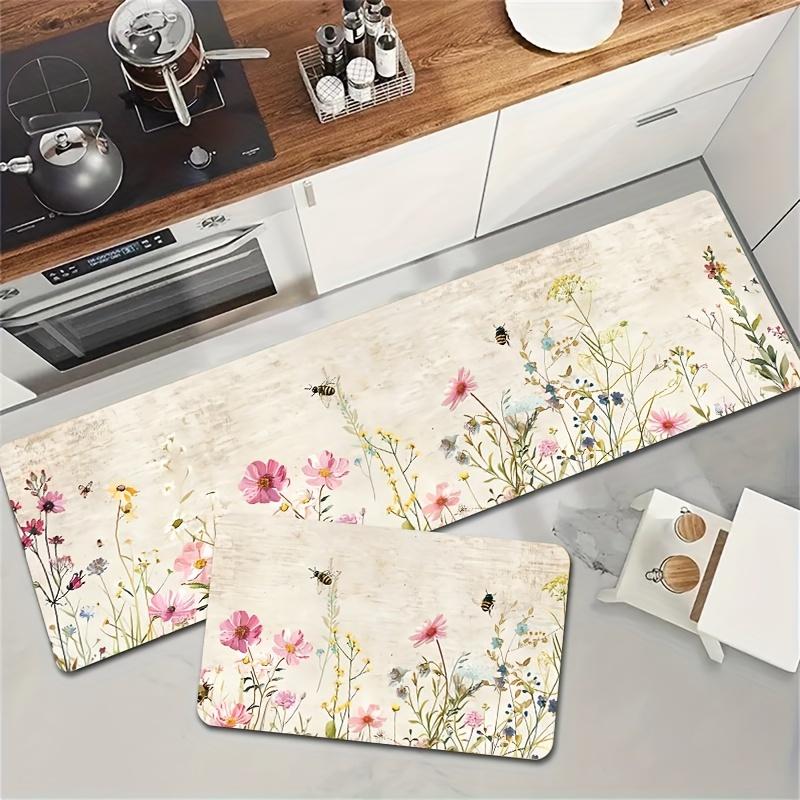 1Pcs Anti Fatigue Kitchen Rugs,Floral and Bee Print Waterproof Non-Slip Thick Cushioned Kitchen Mat Heavy Duty Comfort Standing Mat for Kitchen