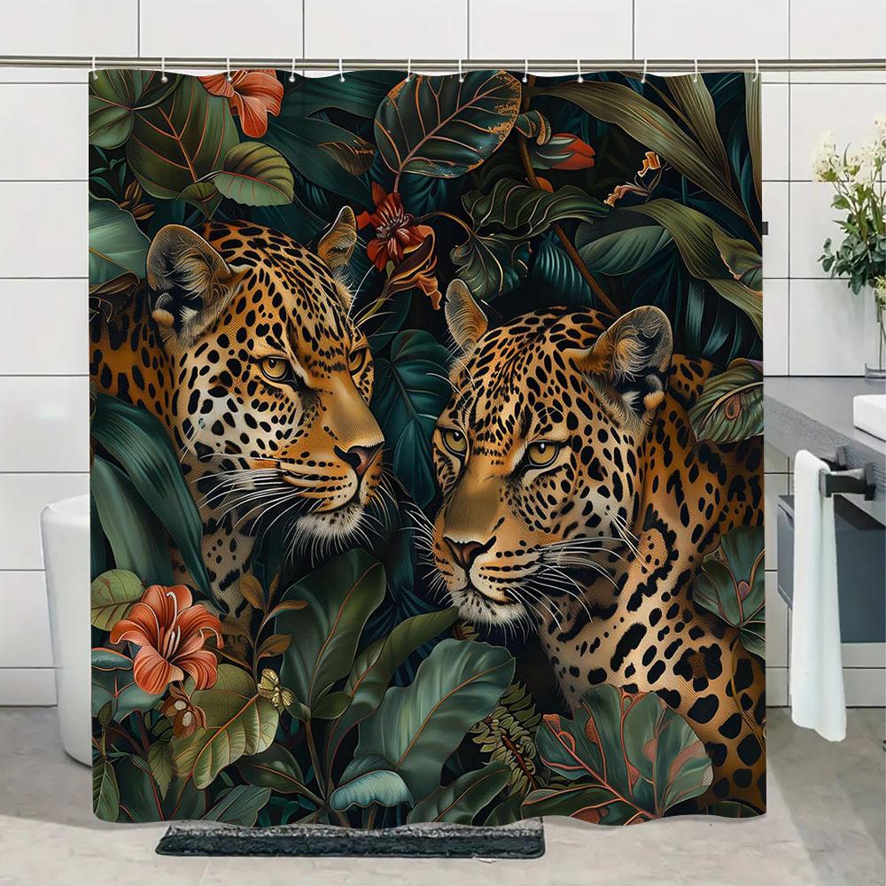 Jungle Wildlife Shower Curtain Tiger Plant Tropical Palm Leaf Polyester Fabric Shower Curtain Bathroom Decoration With Hooks Set