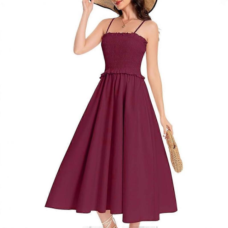 Summer Women's French First Love Style Slimming High Waist A-Line Dress Elegant Solid Color