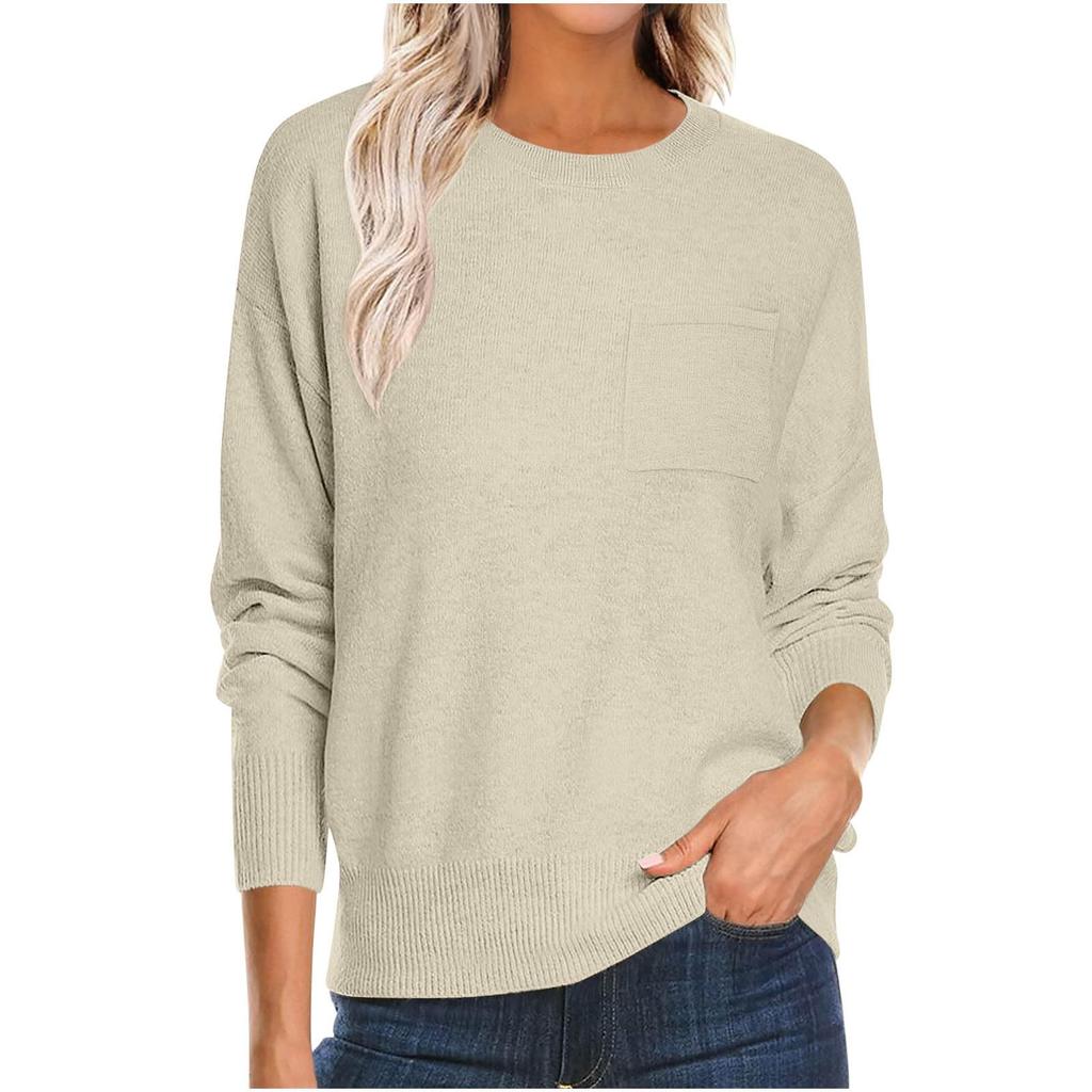 Women's Fashion Round Neck Pullover Sweater Casual Versatile Solid Color Knit Top
