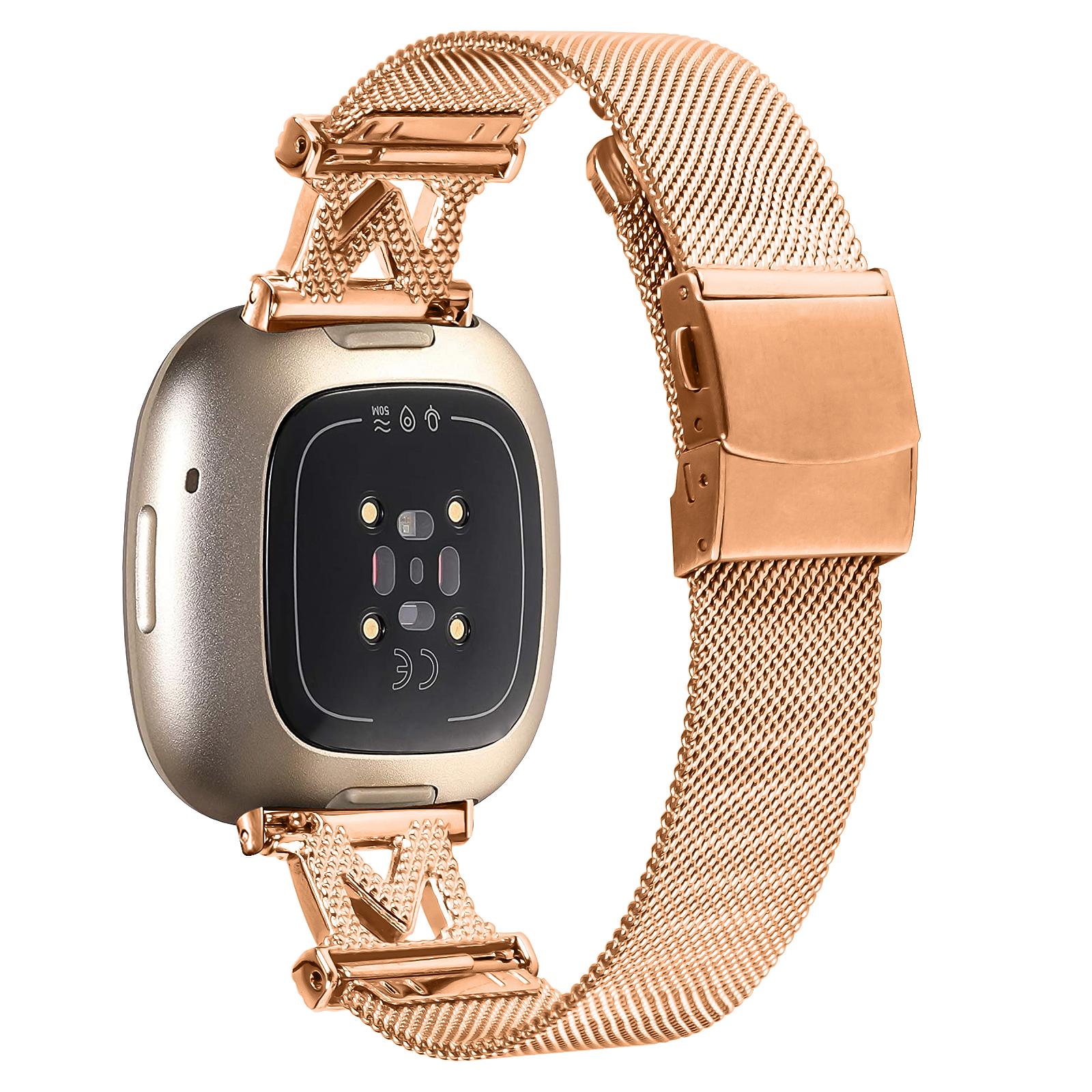 

For Fitbit Versa 4/Sense 2 Stylish M-shape Design Watch Strap Milanese Stainless Steel Band with Folding Buckle Rose Gold