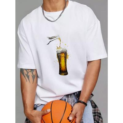 Camiseta Branca Design Gráfico de Despejar Cerveja Roupa Casual para Homem Roupas de Verão Roupas de Festa