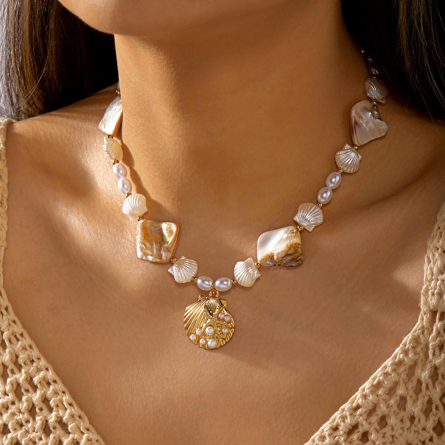 

Bohemian Imitation Pearls Shell Beaded Chain Necklace for Women Summer Scallop Starfish Pendant Choker Girl Travel Party Jewelry