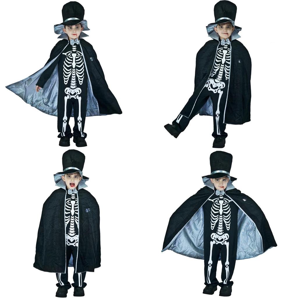 Kids Boy Skeleton Skull Ghost Cloak Halloween Cosplay Party Outfit Costume