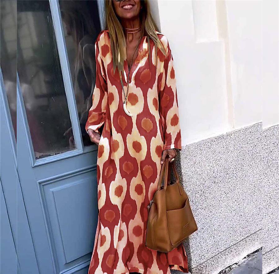 

2023 Autumn/Winter European & American Printed V-Neck Long Dress with Stand-Up Collar Large красный